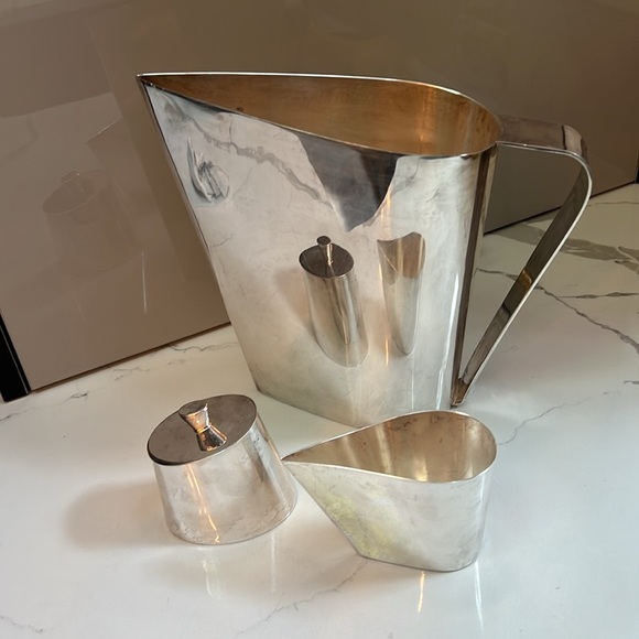 Michael Aram Art Deco Limited 4 Pcs Silver Plated Pitcher Creamer Sugar Bowl - Picture 2 of 16